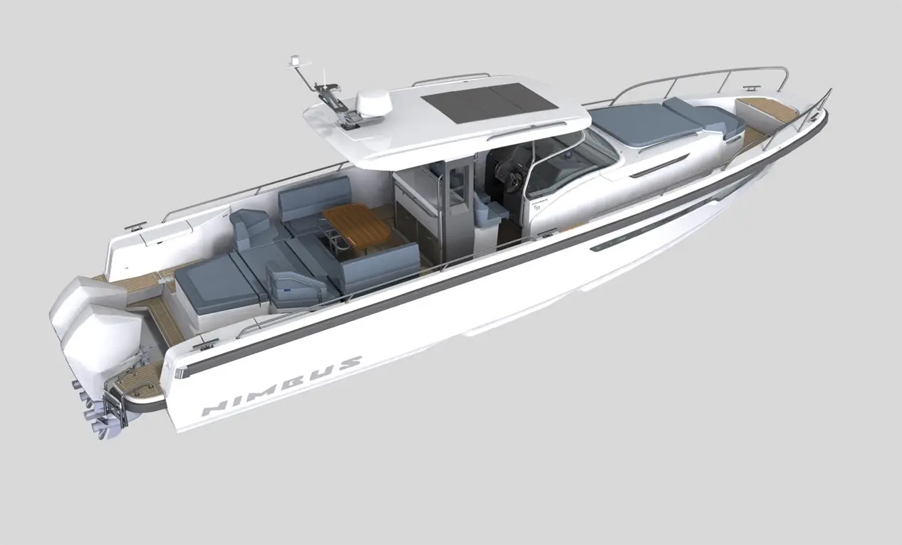 A stylish Nimbus boat showcasing a spacious deck with seating and a table, designed for comfort and leisure on water.